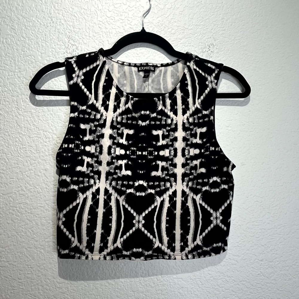 Express Cropped Tank Top Womens Small Black White Abstract Print Cotton Stretch